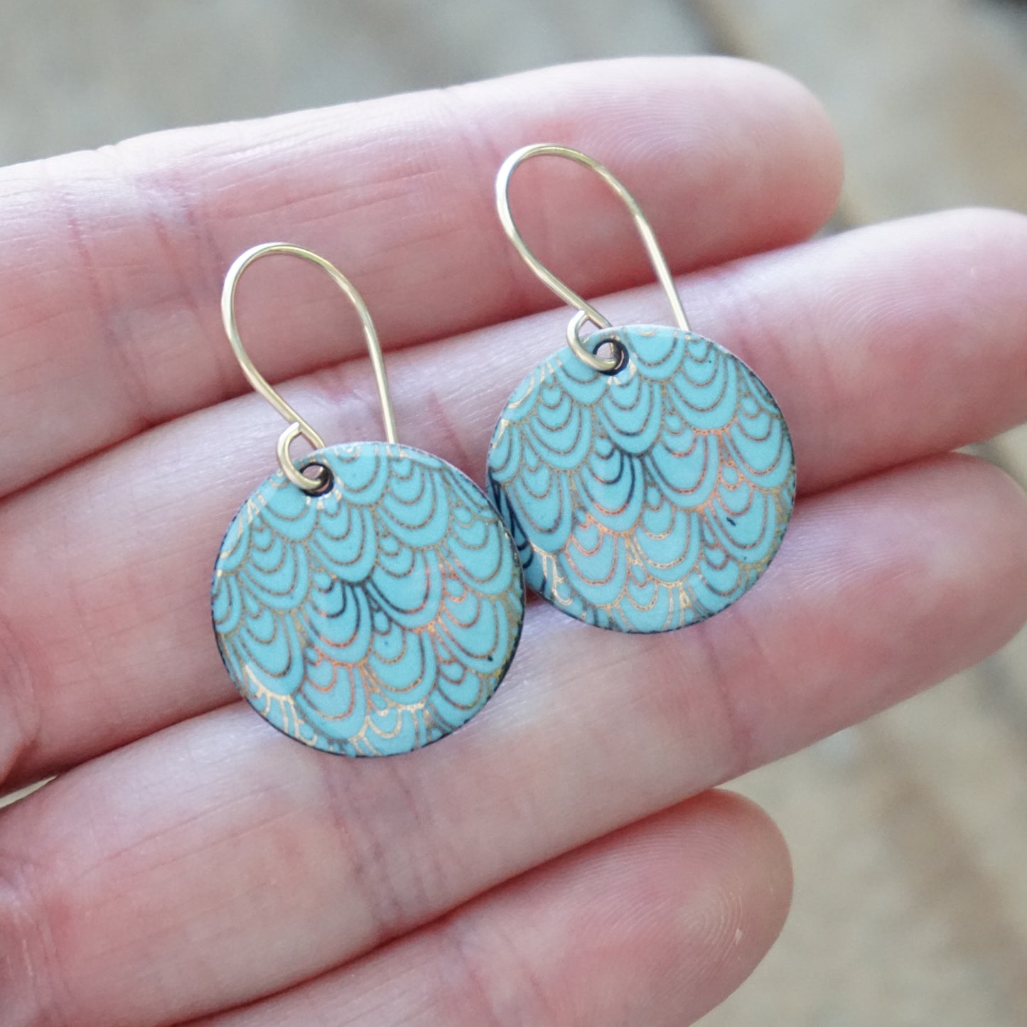 Gold Mermaid Scale Accents on Light Blue Enamel Earrings