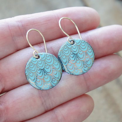 Gold Mermaid Scale Accents on Light Blue Enamel Earrings