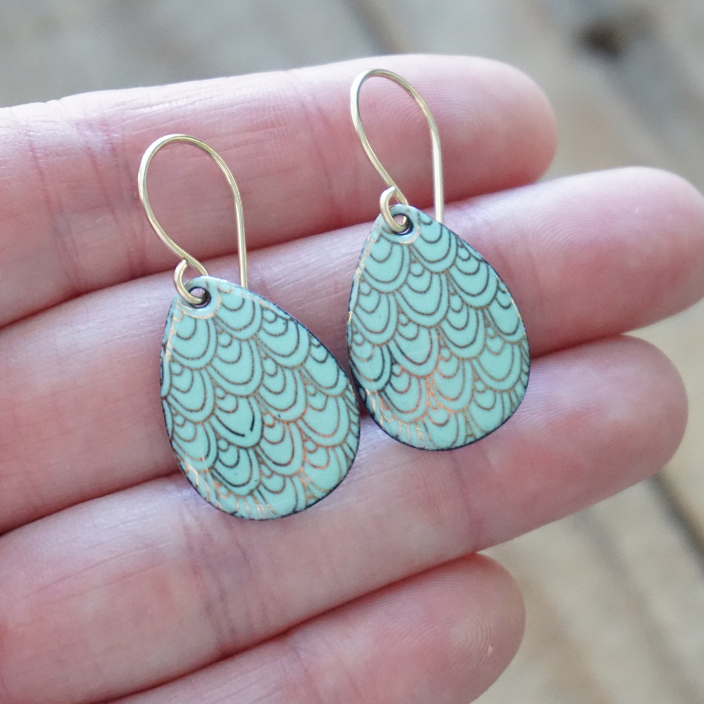 Gold Mermaid Scales on Seafoam Green Enamel Earrings