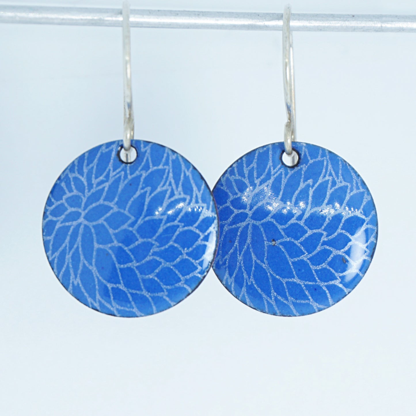 Cobalt Blue Enamel Disc Earrings with White Floral Accents