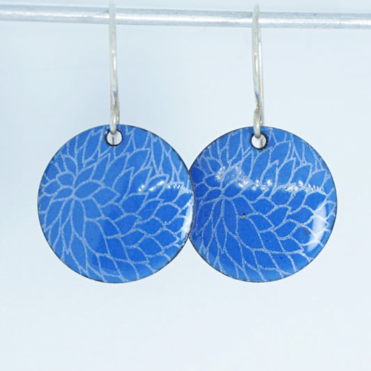 Cobalt Blue Enamel Disc Earrings with White Floral Accents
