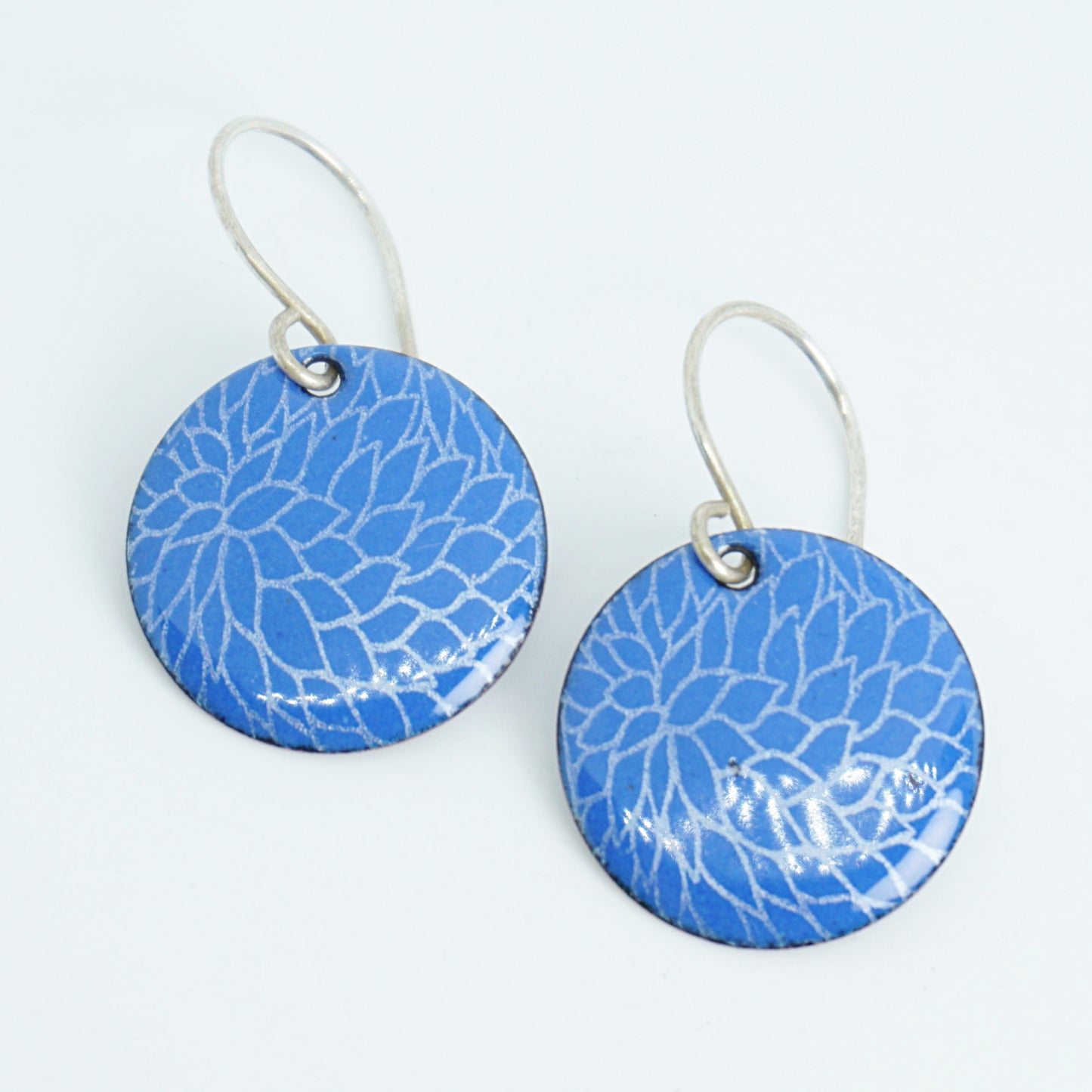 Cobalt Blue Enamel Disc Earrings with White Floral Accents