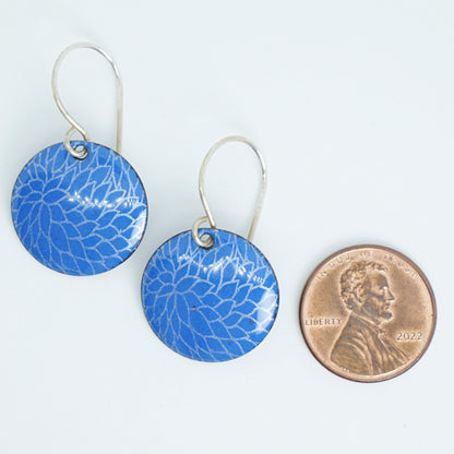 Cobalt Blue Enamel Disc Earrings with White Floral Accents