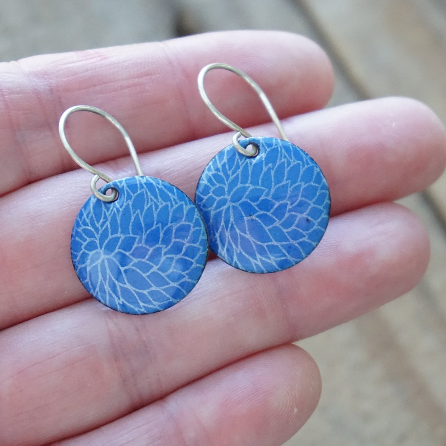Cobalt Blue Enamel Disc Earrings with White Floral Accents
