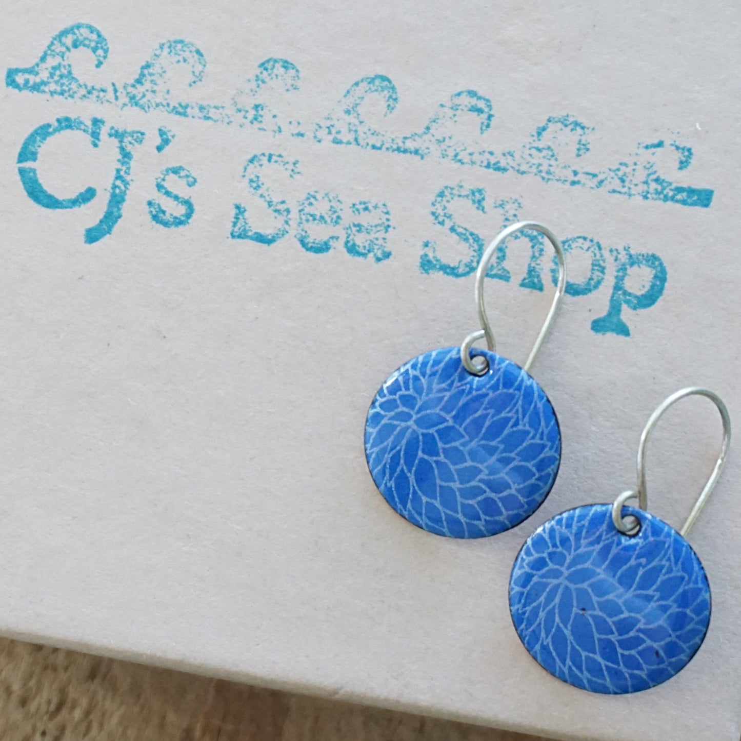 Cobalt Blue Enamel Disc Earrings with White Floral Accents