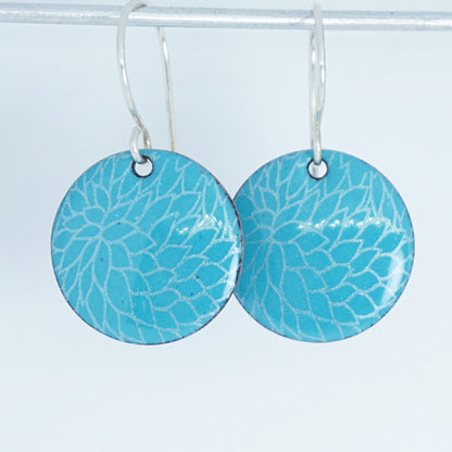 Teal Green Enamel Disc Earrings with White Floral Accents
