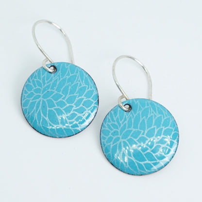 Teal Green Enamel Disc Earrings with White Floral Accents