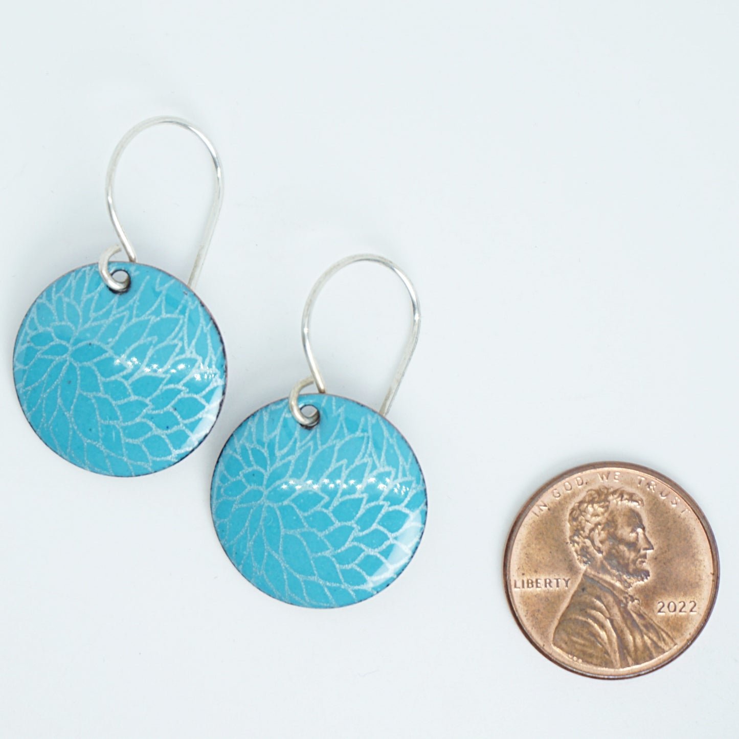 Teal Green Enamel Disc Earrings with White Floral Accents