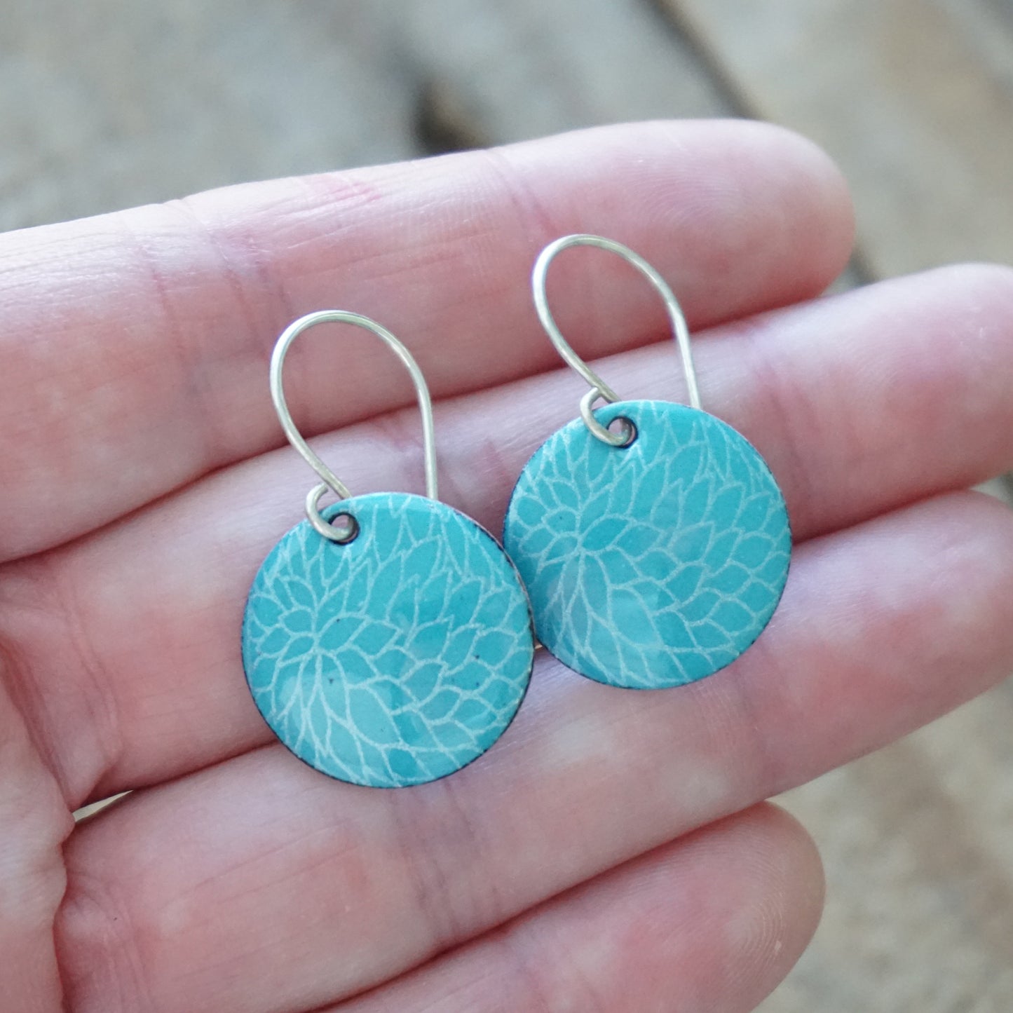 Teal Green Enamel Disc Earrings with White Floral Accents