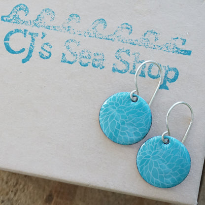 Teal Green Enamel Disc Earrings with White Floral Accents