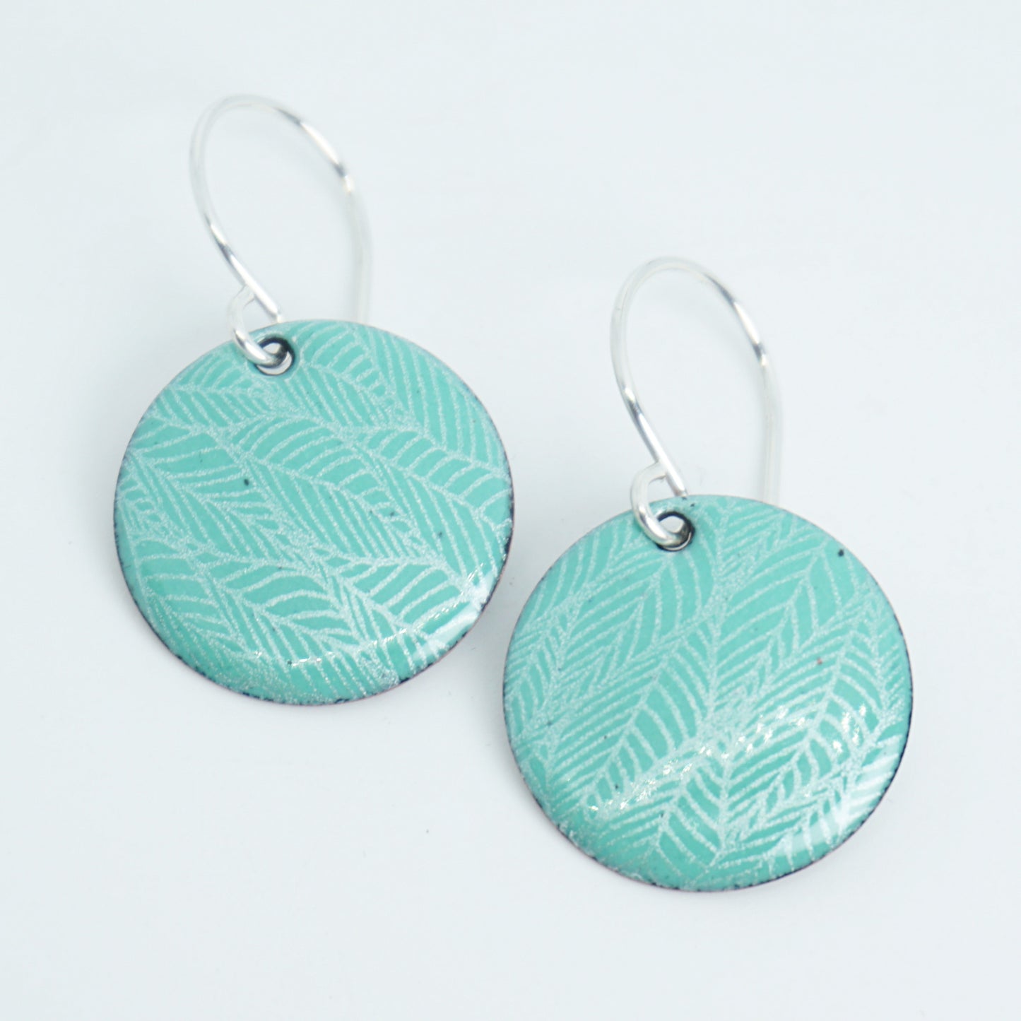 Green Enamel Disc Earrings with White Leaf Accents