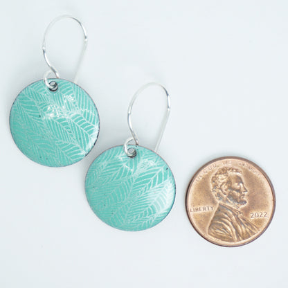 Green Enamel Disc Earrings with White Leaf Accents