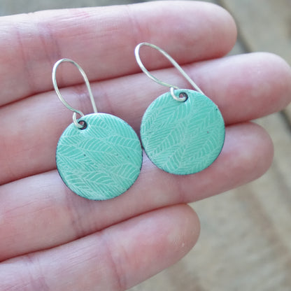 Green Enamel Disc Earrings with White Leaf Accents