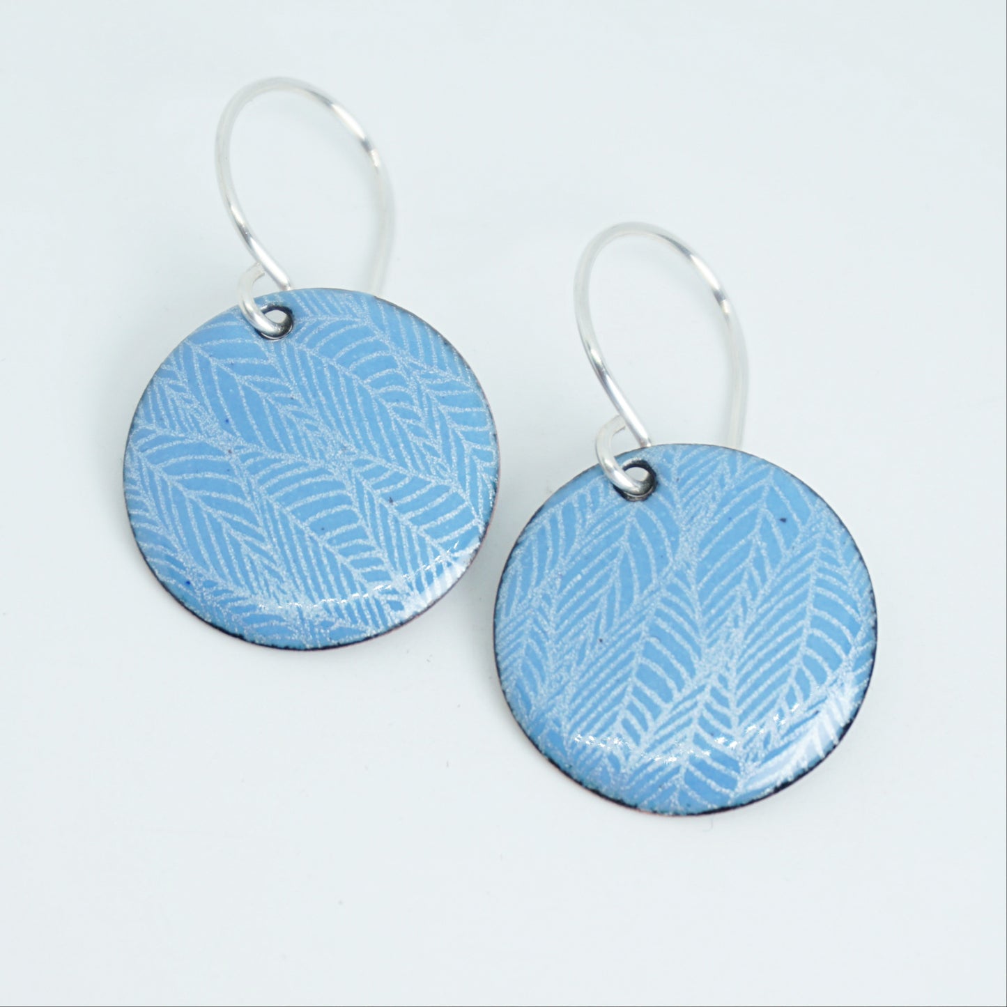 Blue Enamel Disc Earrings with White Leaf Accents