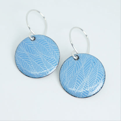 Blue Enamel Disc Earrings with White Leaf Accents