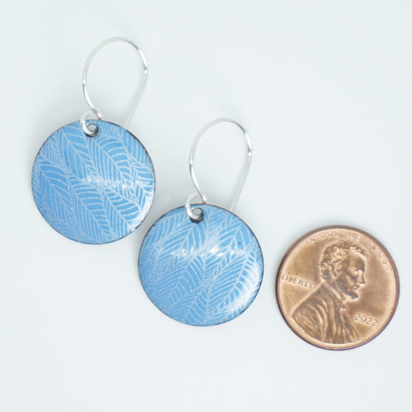 Blue Enamel Disc Earrings with White Leaf Accents