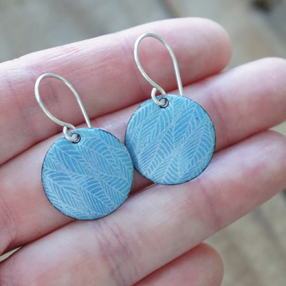 Blue Enamel Disc Earrings with White Leaf Accents
