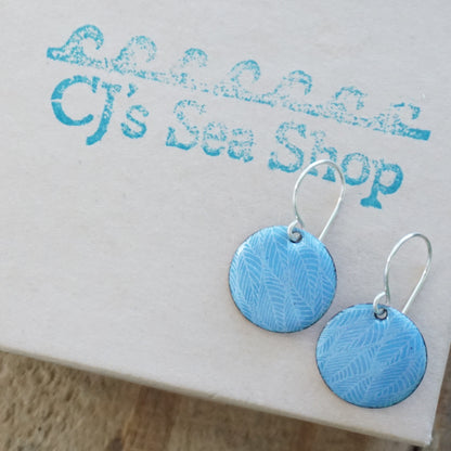 Blue Enamel Disc Earrings with White Leaf Accents
