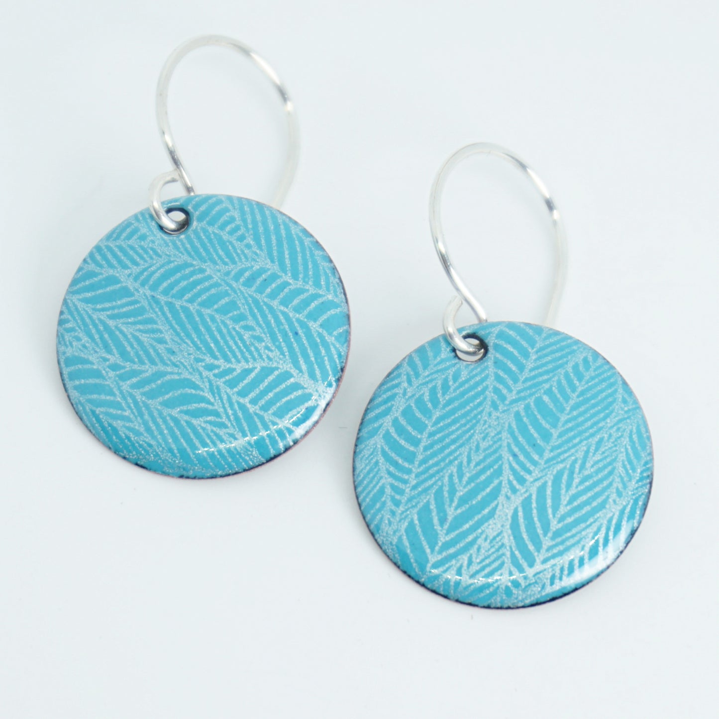 Teal Green Enamel Disc Earrings with White Leaf Accents