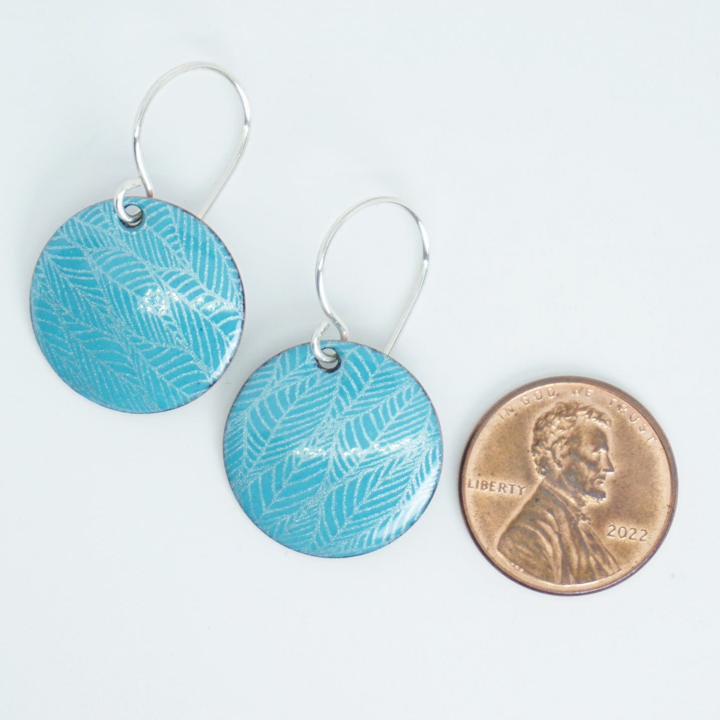 Teal Green Enamel Disc Earrings with White Leaf Accents