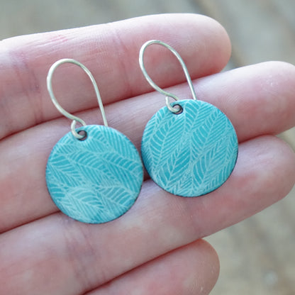 Teal Green Enamel Disc Earrings with White Leaf Accents