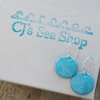 Teal Green Enamel Disc Earrings with White Leaf Accents
