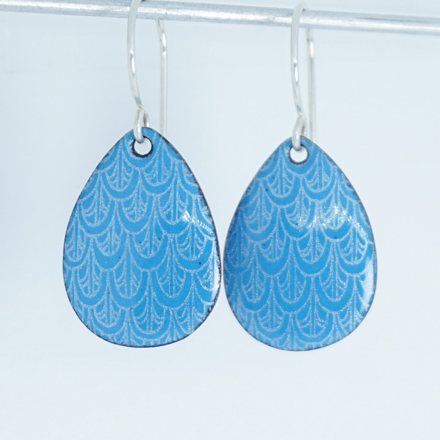 Aqua Blue Enamel Teardrop Earrings with White Mermaid Accents