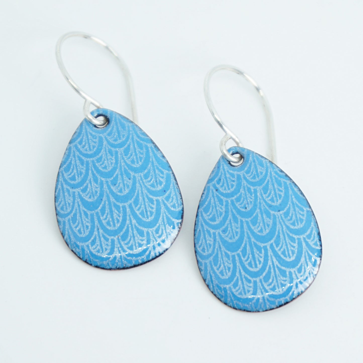 Aqua Blue Enamel Teardrop Earrings with White Mermaid Accents