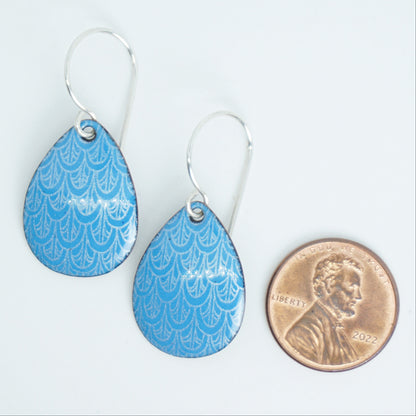 Aqua Blue Enamel Teardrop Earrings with White Mermaid Accents