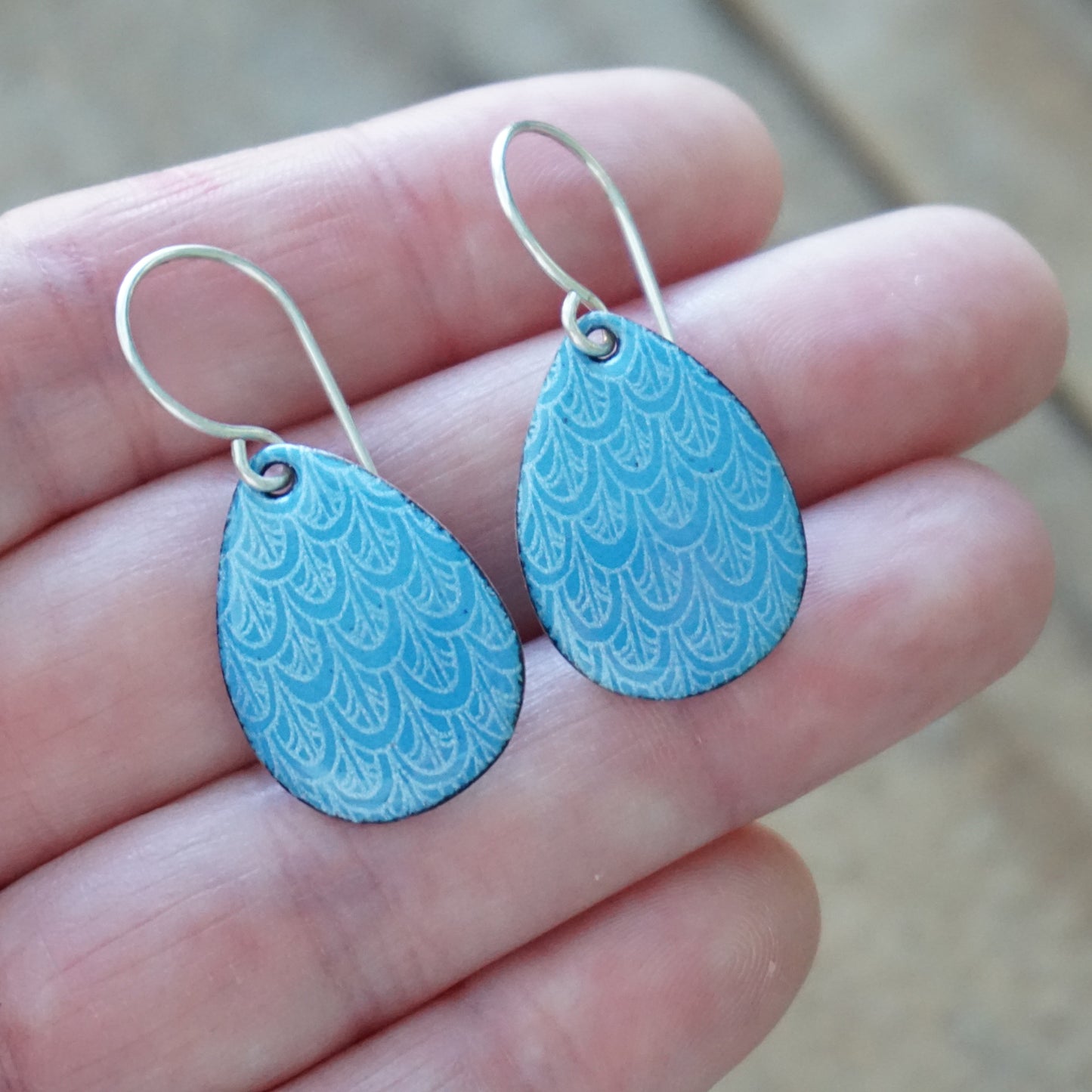 Aqua Blue Enamel Teardrop Earrings with White Mermaid Accents