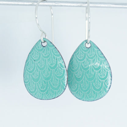 Green Enamel Teardrop Earrings with White Mermaid Accents
