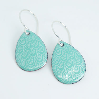 Green Enamel Teardrop Earrings with White Mermaid Accents