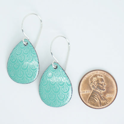 Green Enamel Teardrop Earrings with White Mermaid Accents