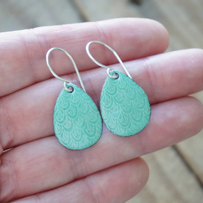 Green Enamel Teardrop Earrings with White Mermaid Accents