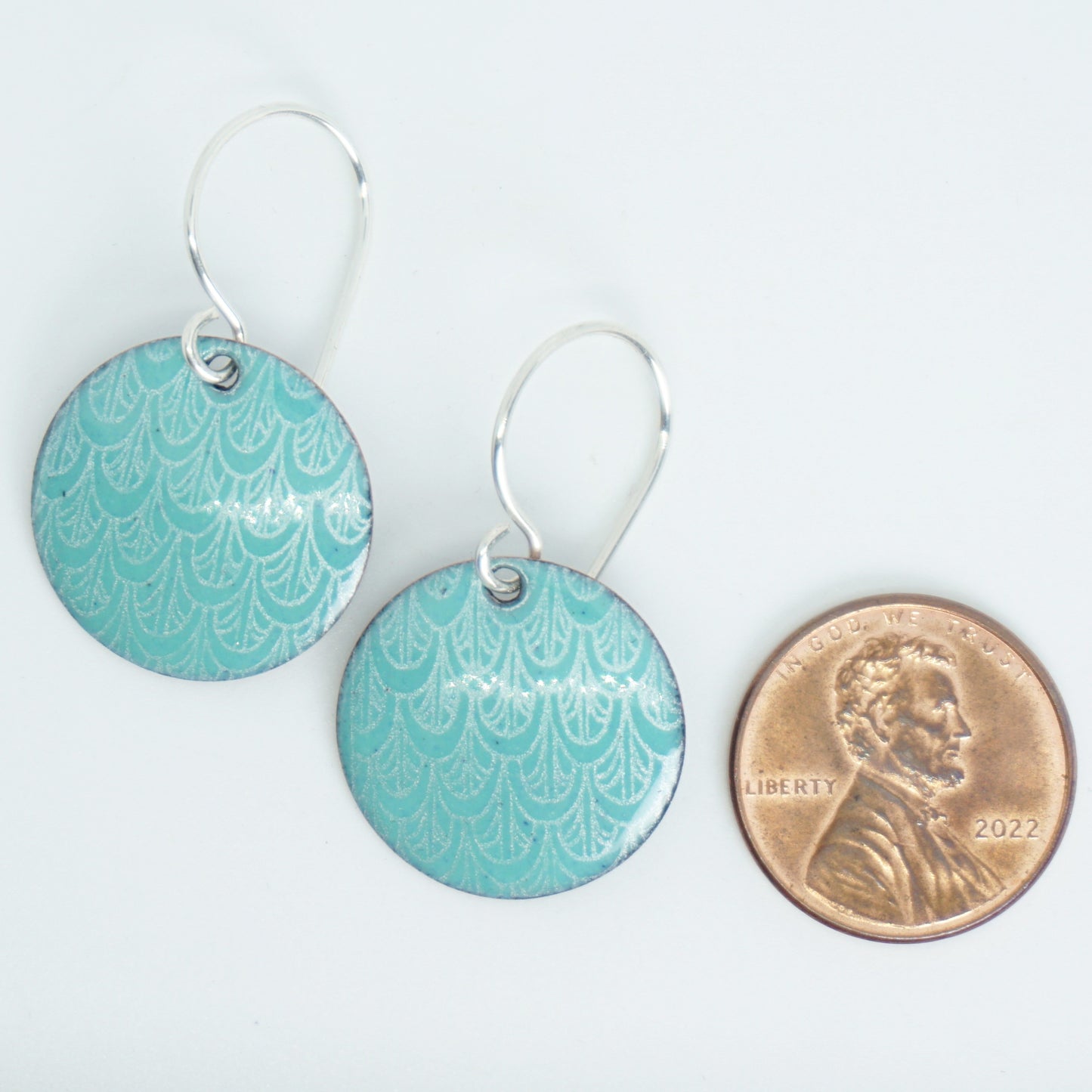 Green Enamel Disc Earrings with White Mermaid Accents