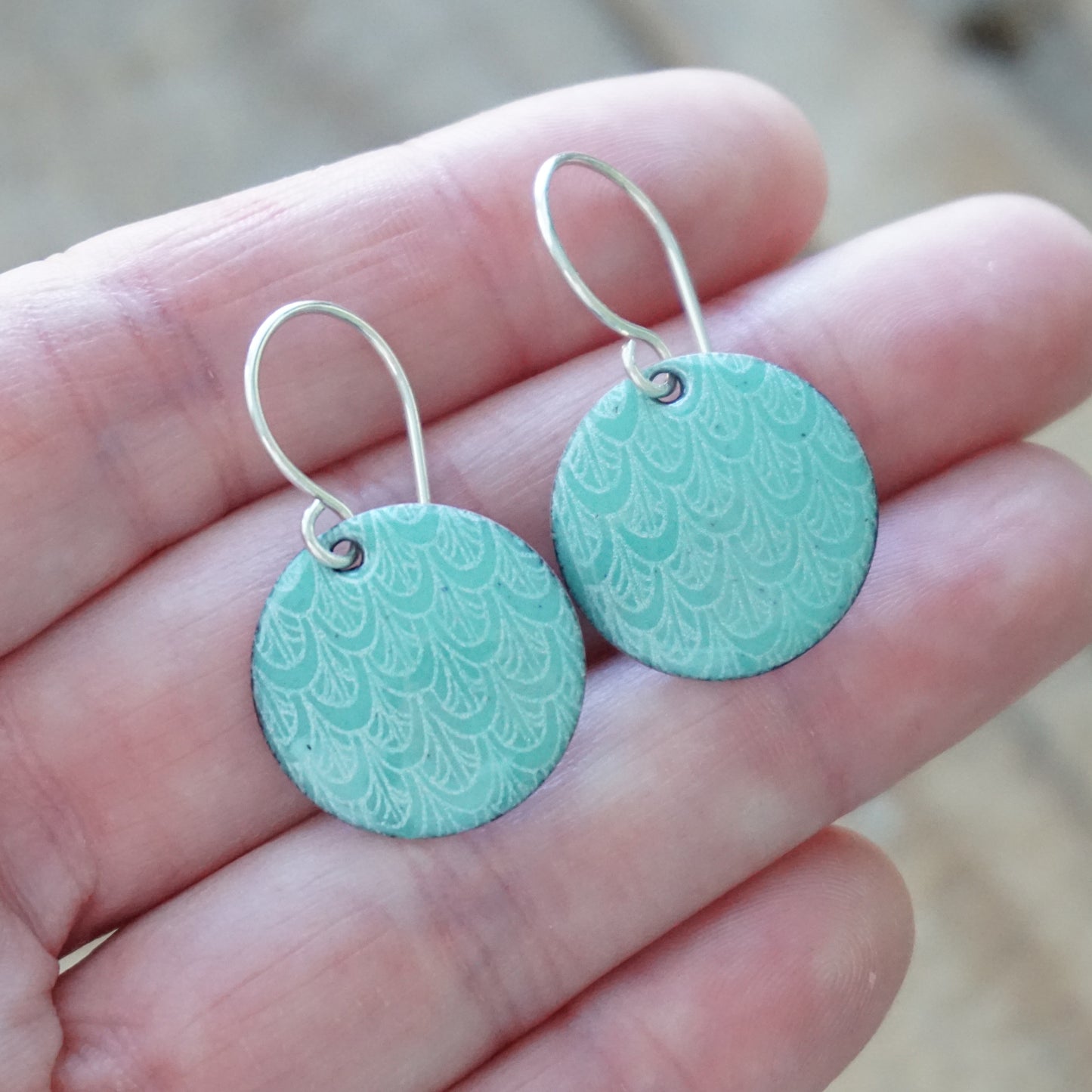 Green Enamel Disc Earrings with White Mermaid Accents