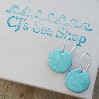 Green Enamel Disc Earrings with White Mermaid Accents