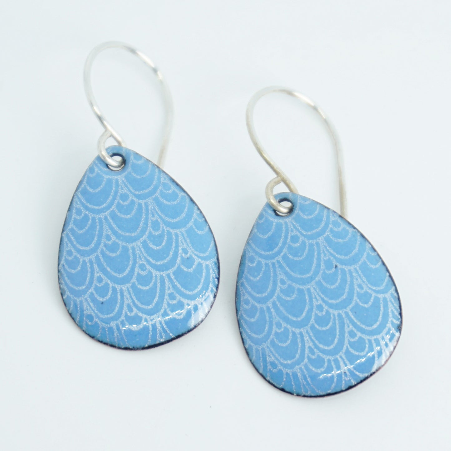 Blue Enamel Teardrop Earrings with White Mermaid Accents