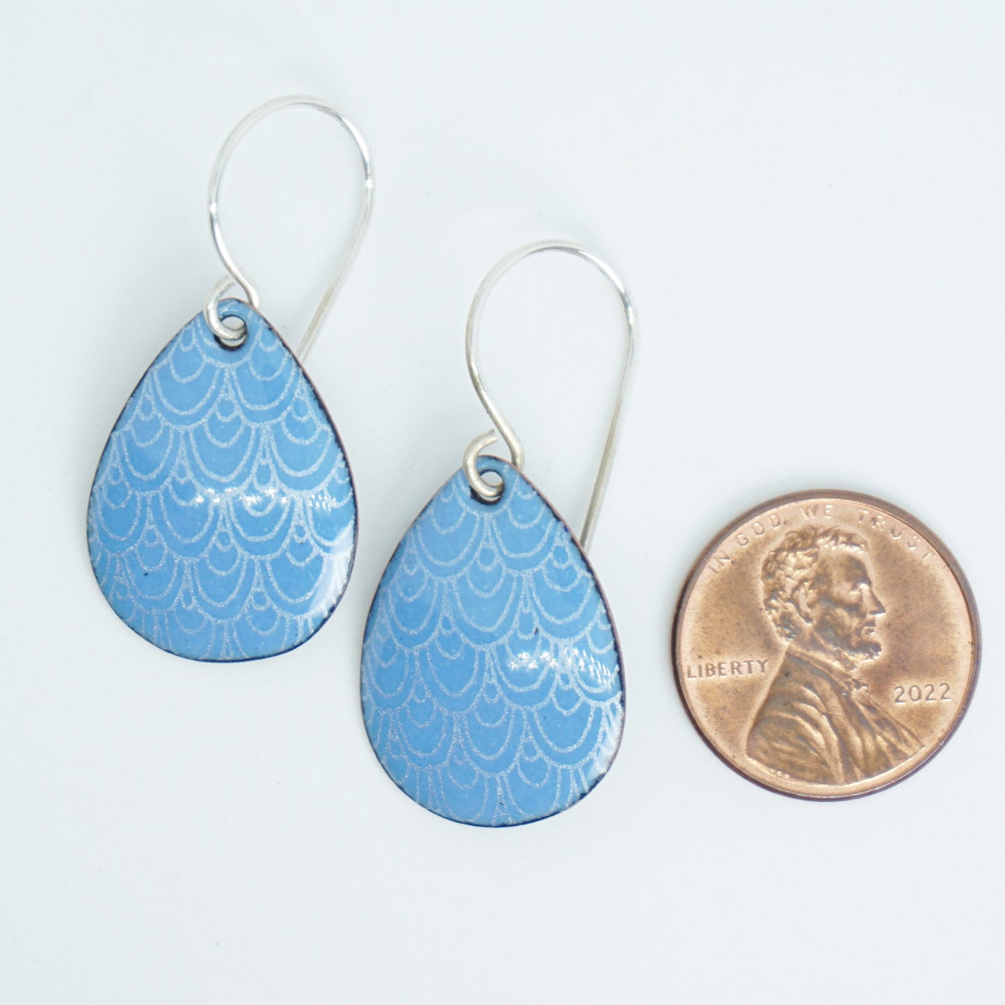 Blue Enamel Teardrop Earrings with White Mermaid Accents