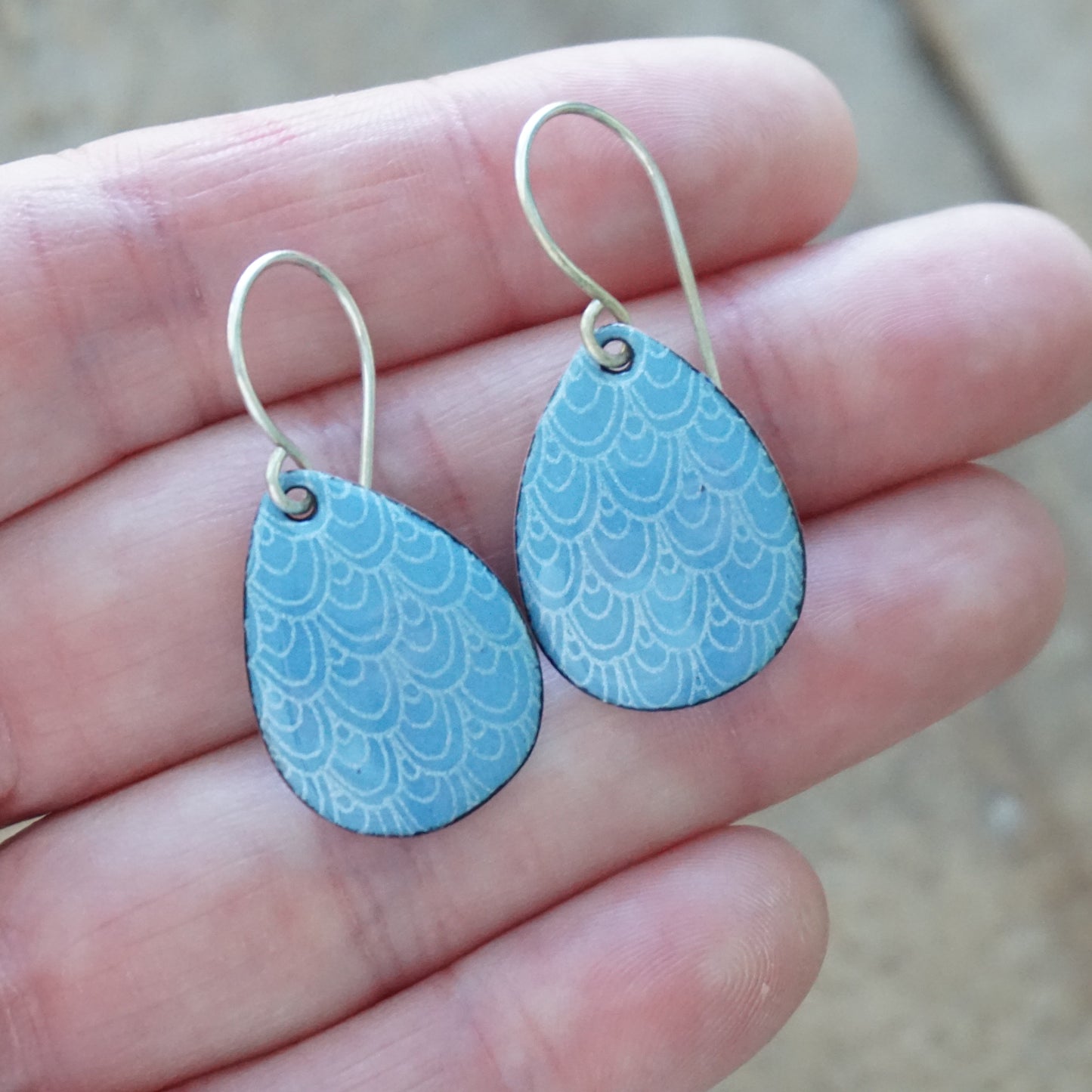 Blue Enamel Teardrop Earrings with White Mermaid Accents