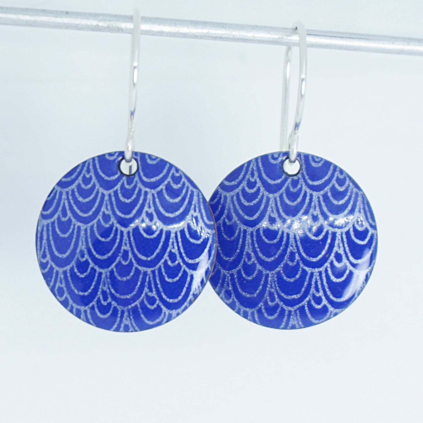 Cobalt Blue Enamel Disc Earrings with White Mermaid Accents