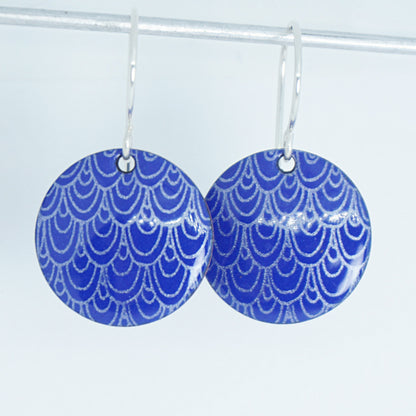 Cobalt Blue Enamel Disc Earrings with White Mermaid Accents