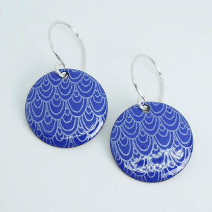 Cobalt Blue Enamel Disc Earrings with White Mermaid Accents