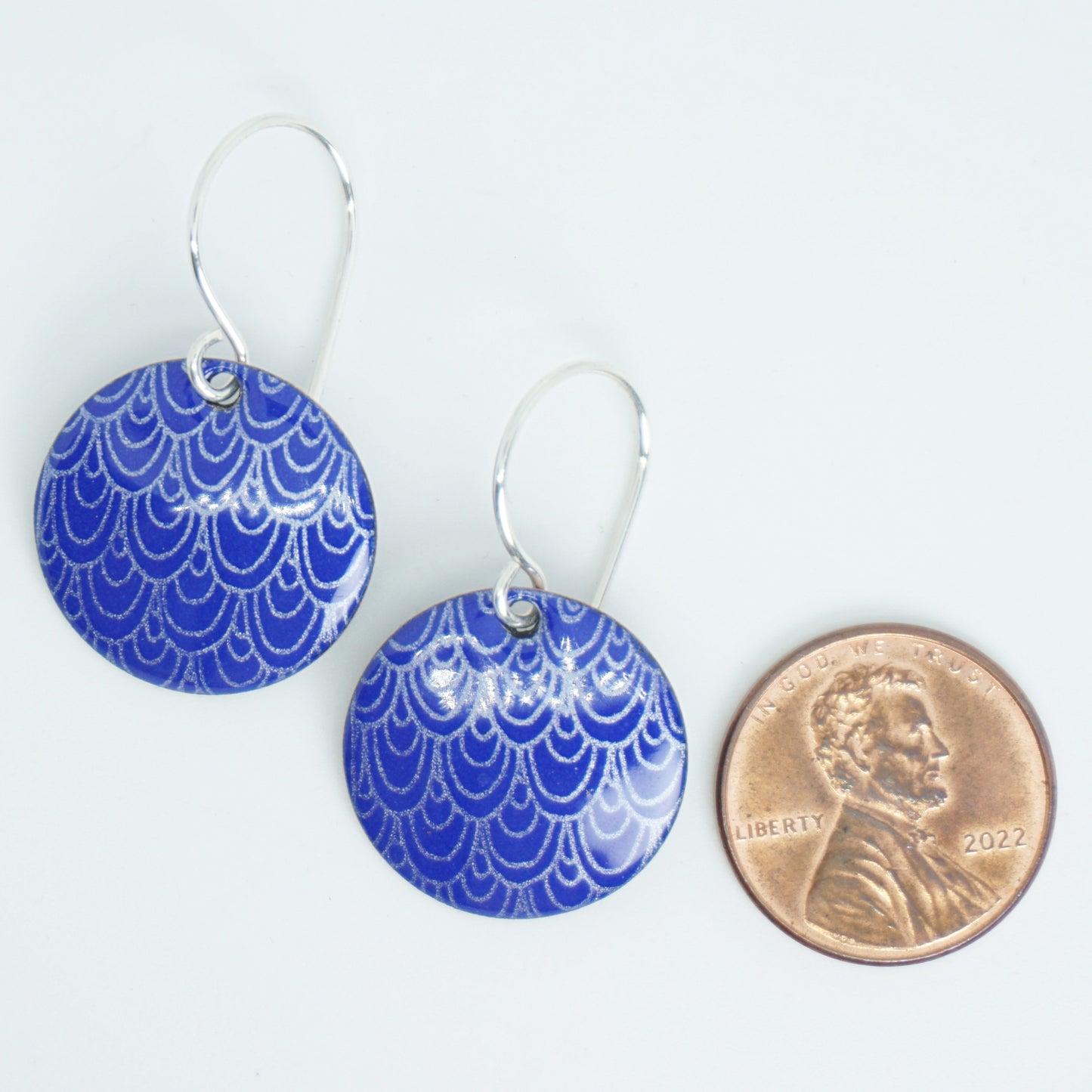 Cobalt Blue Enamel Disc Earrings with White Mermaid Accents