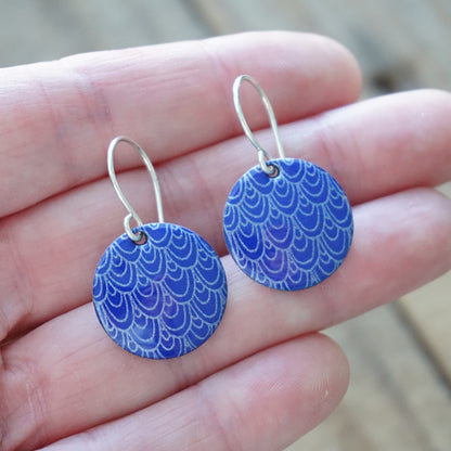 Cobalt Blue Enamel Disc Earrings with White Mermaid Accents