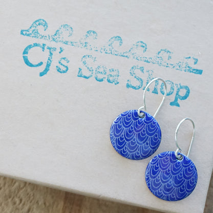 Cobalt Blue Enamel Disc Earrings with White Mermaid Accents