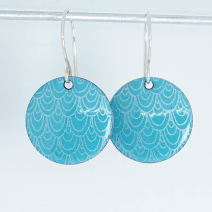 Teal Green Enamel Disc Earrings with White Mermaid Accents