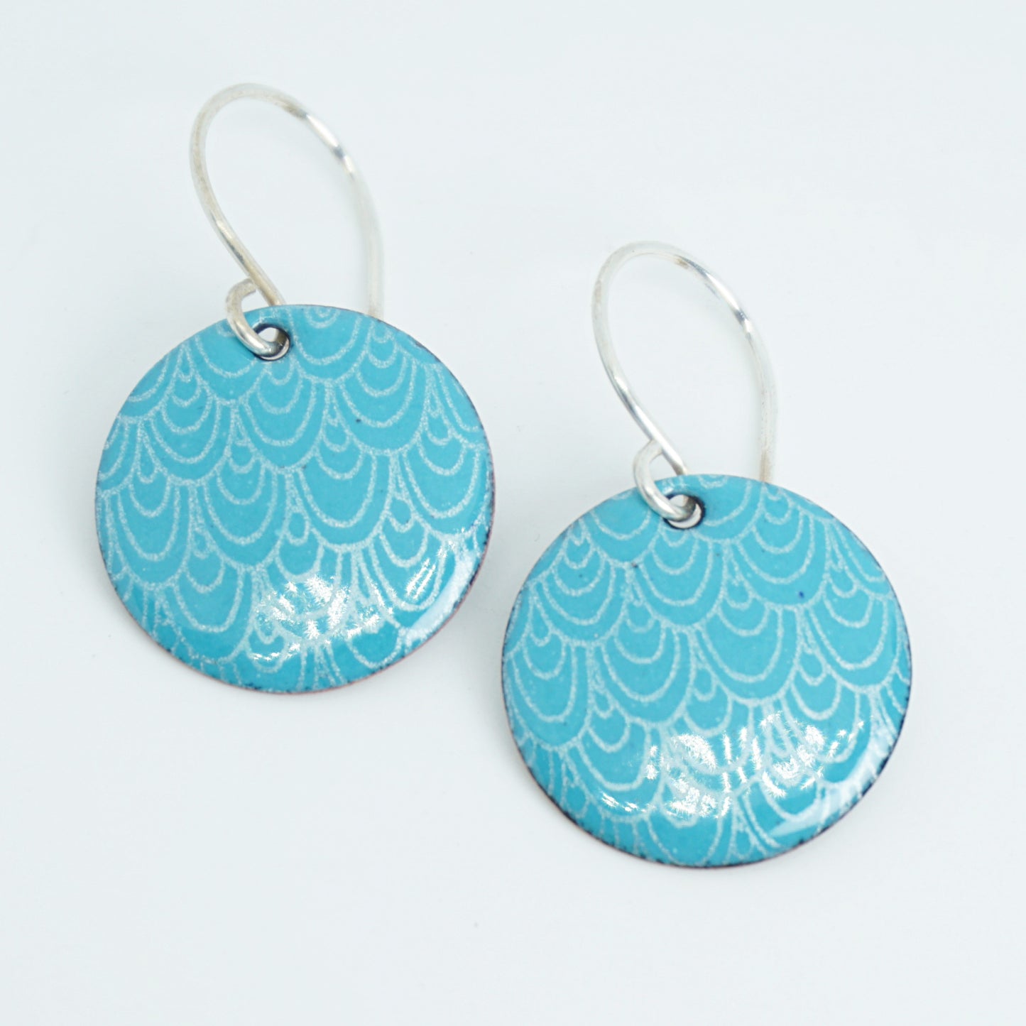 Teal Green Enamel Disc Earrings with White Mermaid Accents