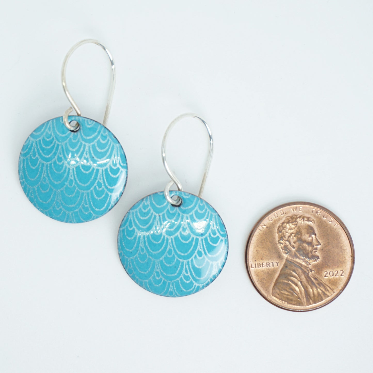 Teal Green Enamel Disc Earrings with White Mermaid Accents