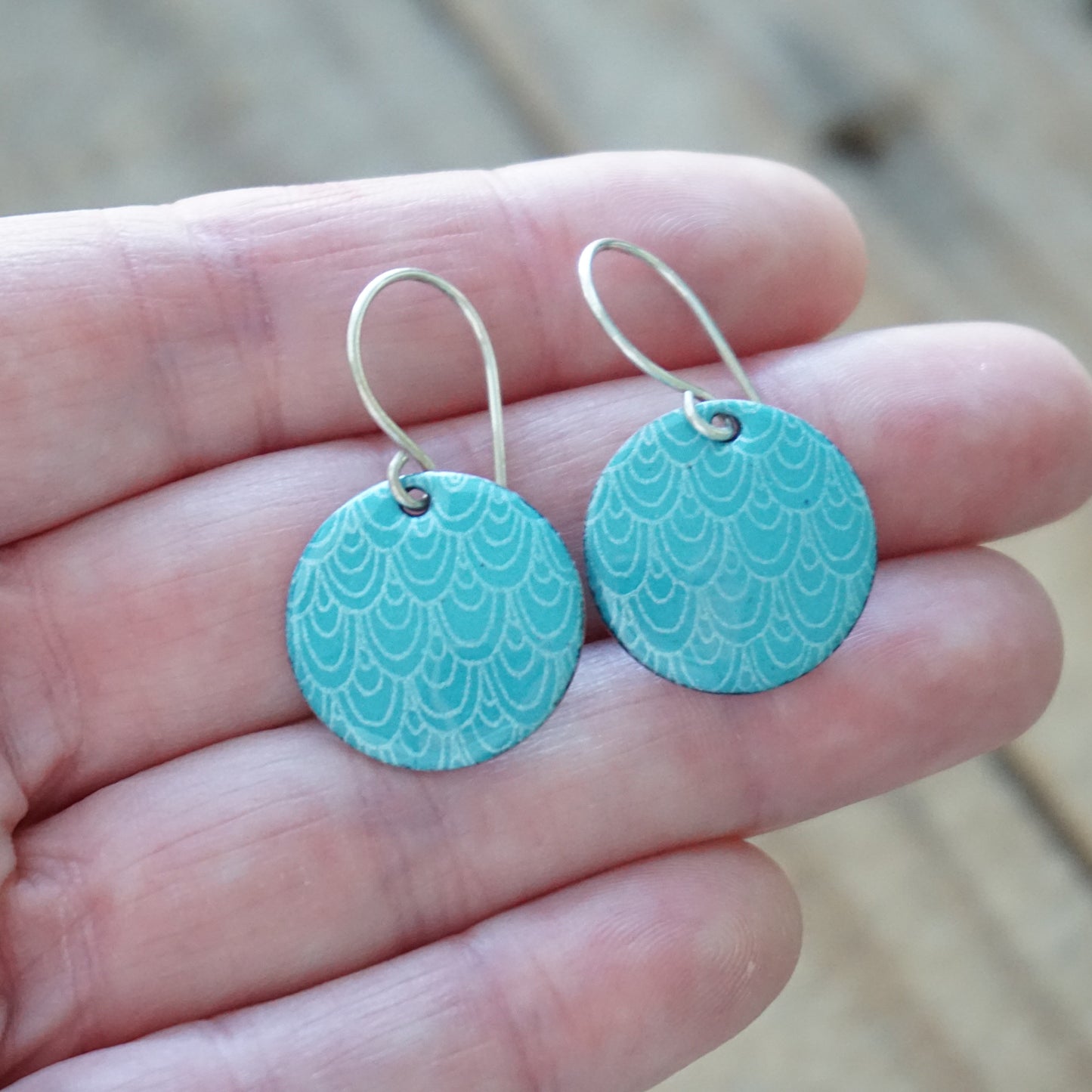 Teal Green Enamel Disc Earrings with White Mermaid Accents